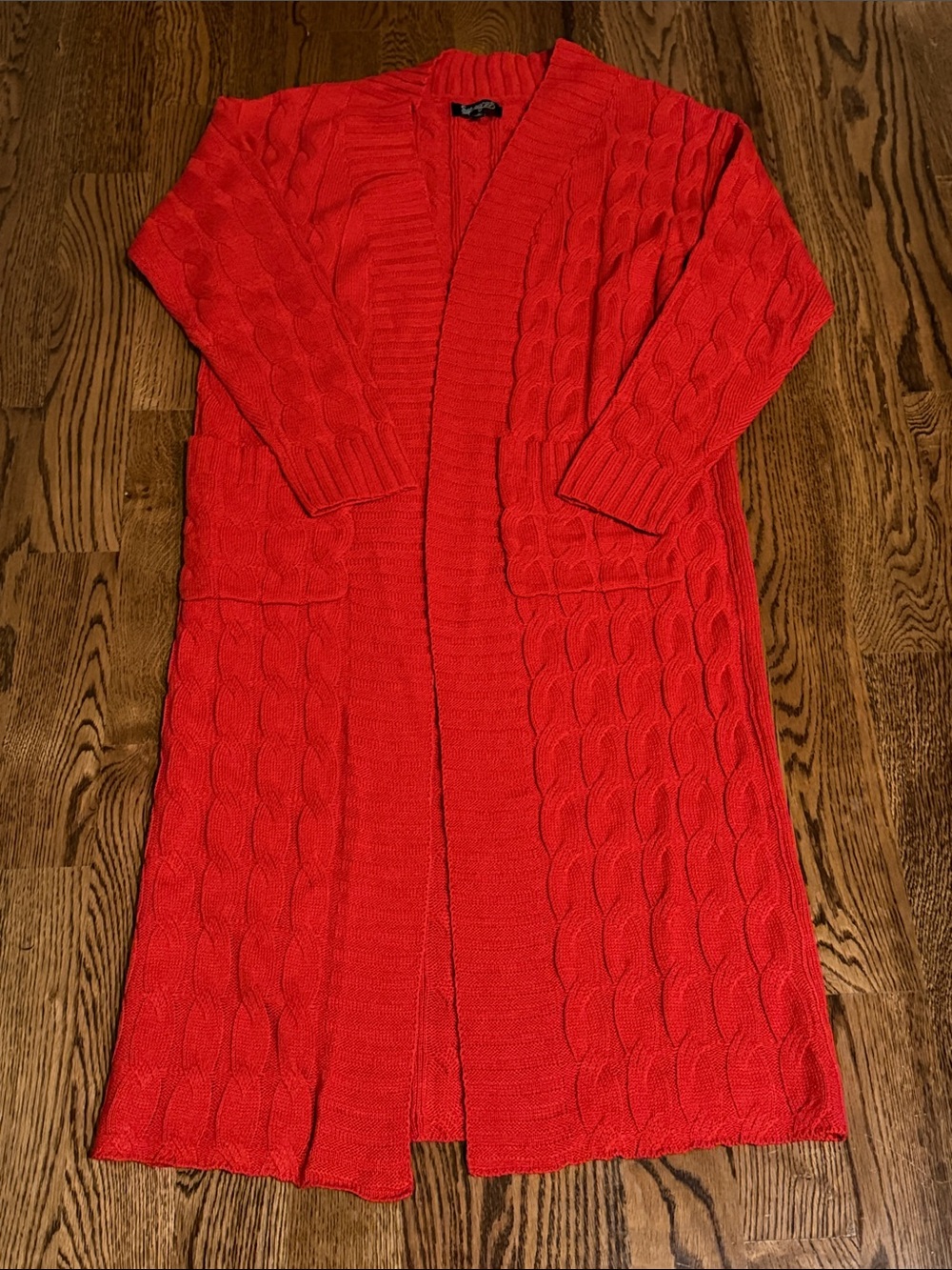 Spring 21 Bright Red Longline Open Knit cable knit Cardigan with Pockets medium - Picture 7 of 11